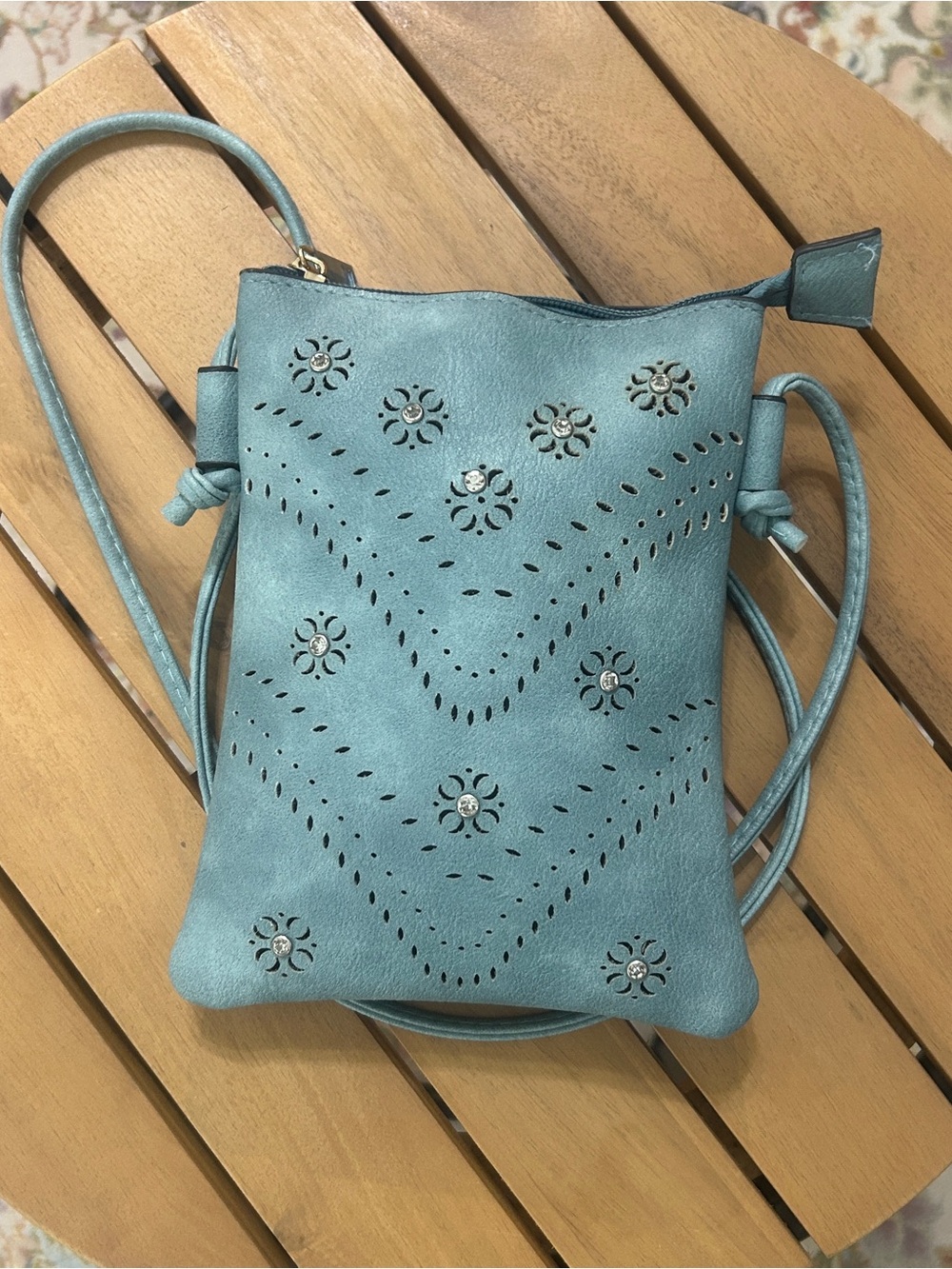 Women's Light Blue Laser-Cut Floral Crossbody Bag - Casual Travel Purse